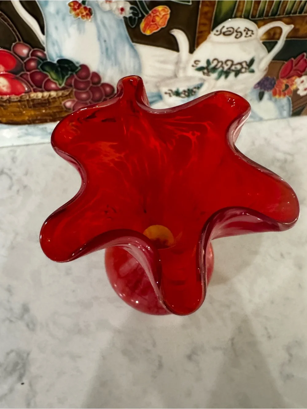 Vintage Red Swirl Art Glass Bud Vase Ruffled Rim 6” - Picture 3 of 6